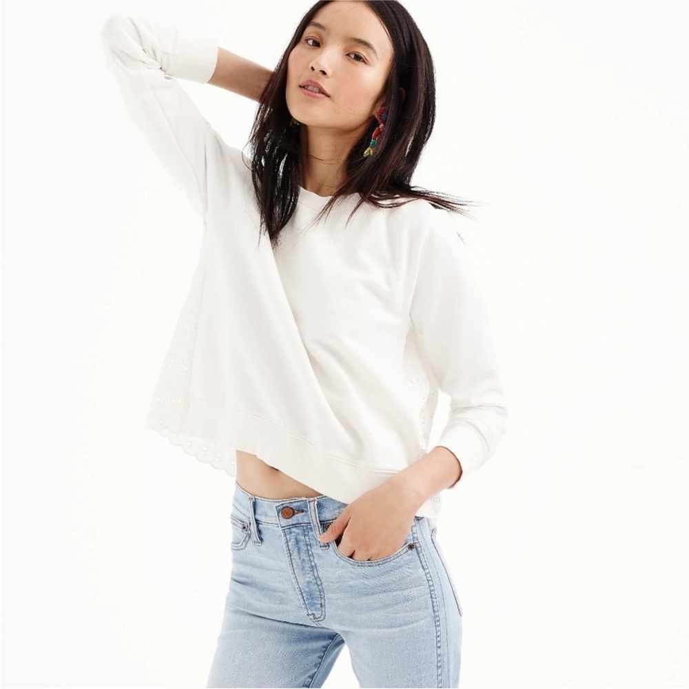 J. Crew White Eyelet Back Sweatshirt Medium Cotton Lace Embroidered - Picture 2 of 10